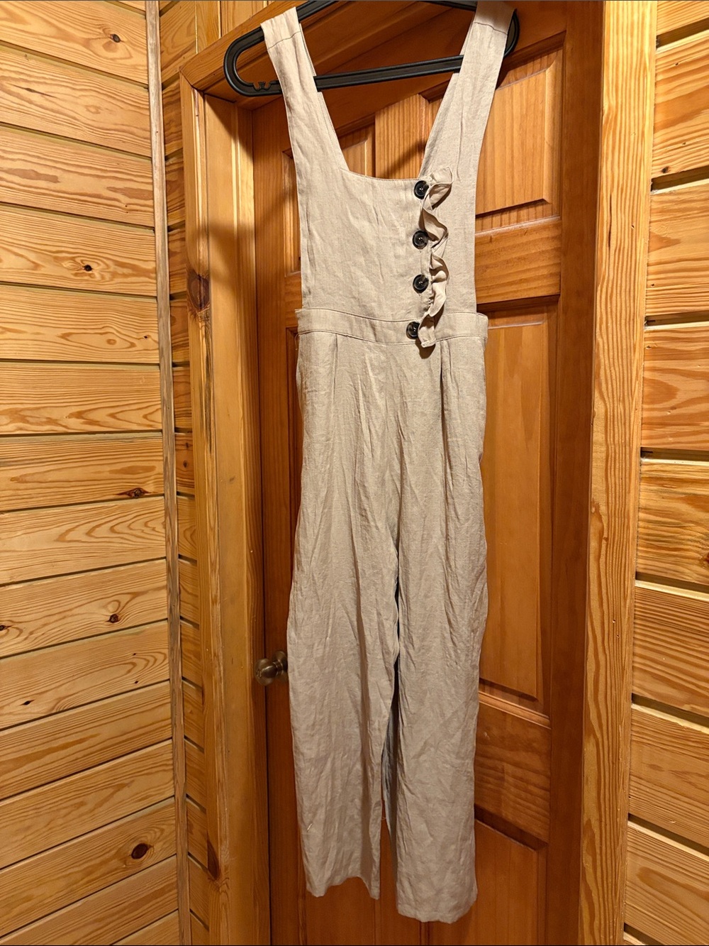 High-Bib Wide-Leg Jumpsuit in Beige with Button Trim